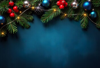 Festive holiday background with evergreen branches, red berries, and blue ornaments on a vibrant blue backdrop, with copy space for text