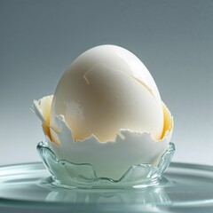 **Delicate Presentation of the Inner Shell**: This **perfectly hard-boiled egg**, with its **smooth, ivory surface**, is elegantly displayed within its **jagged, torn shell**, resting gently in a **fl