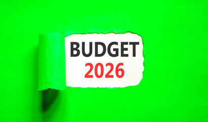 Budget 2026 symbol. Concept words Budget 2026 on beautiful white paper. Beautiful green paper background. Business and budget 2026 concept. Copy space.