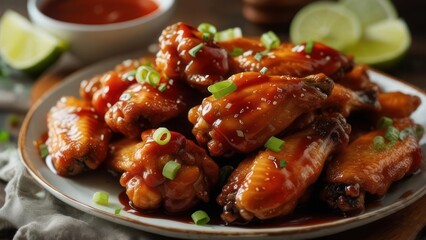 Close-up of glazed chicken wings on a plate, garnished with green onions