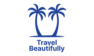 Travel Agency Logo Featuring Two Palm Trees and the Inspirational Slogan Travel Beautifully in Dark Blue on a White Backdrop