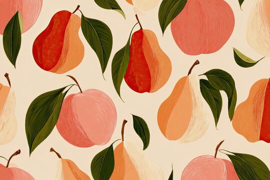 A pattern of colorful pears and peaches with green leaves on a light cream background - Powered by Adobe