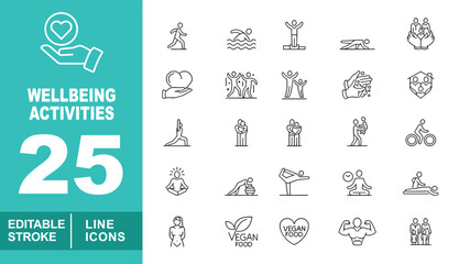 Wellbeing activities set of web icons in line style. Containing hand, runner, swimmer, winner, plank, caregiver, dancer, family, washinghands, home, hugging, parent. Editable stroke icons collection.