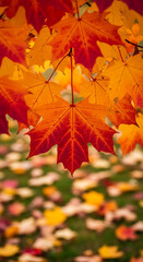 Fototapeta premium Close-up of red and orange maple leaf, vibrant autumn colors, showcasing nature's beauty, perfect for fall-themed designs or nature photography