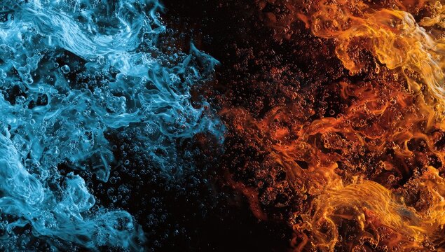 Dynamic split-screen shows water/fire merging, with blue and orange swirling on a black backdrop