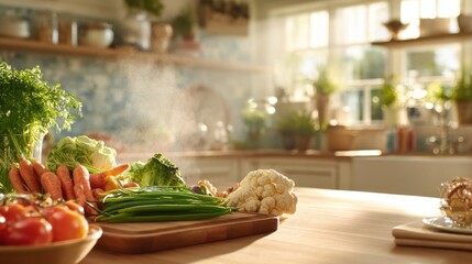 Assorted Vegetables on Kitchen Countertop with Steam