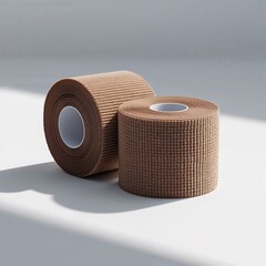 "Two Rolls of Brown Textured Athletic Tape Positioned on a Smooth Surface with Soft Shadows, Designed for Sports, Medical Support, and Injury Prevention, Representing Practical Utility, Strength, and 