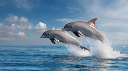 Fototapeta premium Two dolphins leaping out of the ocean under a bright blue sky.