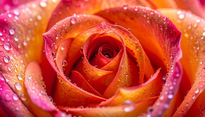 Close-up of a vibrant orange rose covered in glistening water droplets. Velvety petals, rich texture, macro, natural beauty, romantic symbolism, freshness, floral elegance, lighting, dramatic detail
