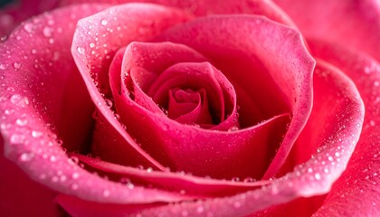 Vibrant pink rose closeup covered in glistening water droplets. Velvety petals, rich texture, macro, natural beauty, romantic symbolism, freshness, floral elegance, soft lighting, dramatic detail