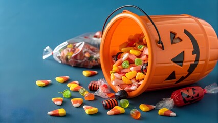 Halloween jack o lantern bucket overflowing with candy side view isolated on a blue background