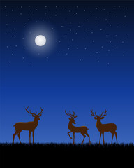 A serene night scene with three deer silhouettes standing in a field of grass, under a starry sky with prominent full moon.
