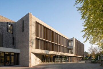 Fototapeta premium A contemporary architectural masterpiece featuring a sleek design, expansive windows, and an abundance of natural light shining through on a bright day