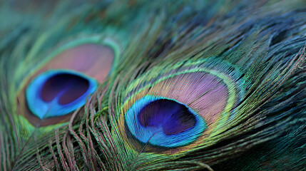 Obraz premium Close-up of vibrant peacock feathers showcasing intricate patterns and colors.