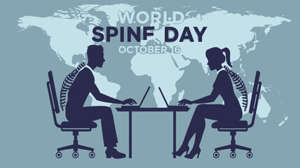Vector art of world spine day concept showing two silhouetted people working on laptops with spinal issues, highlighting the importance of posture