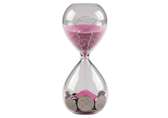 Hourglass with pink sand and coins isolated on transparent background, time is money concept