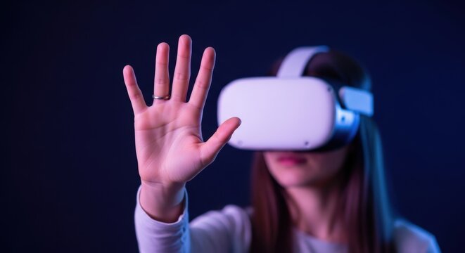 Young caucasian female experiencing virtual reality with vr headset