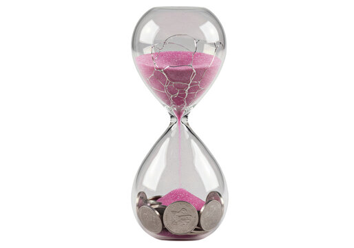 Hourglass with pink sand and coins isolated on transparent background, time is money concept