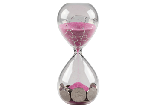Hourglass with pink sand and coins isolated on transparent background, time is money concept