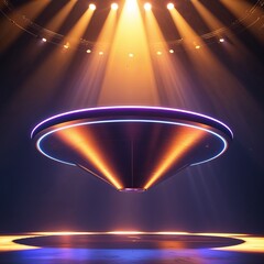 "Futuristic Hovering UFO-Inspired Structure Illuminated by Dramatic Spotlights, Featuring Sleek Metallic Design Accented with Neon Purple and Orange Lights, Suspended in Mid-Air to Symbolize Innovatio