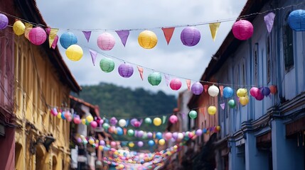 Colorful lanterns and triangular flags festively decorate a charming street during a cultural festival set against traditional buildings
