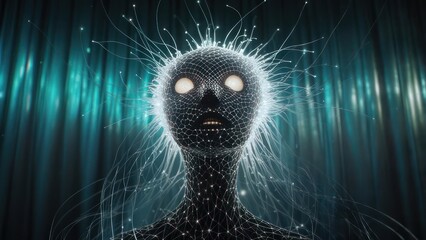 Mysterious digital entity with glowing eyes and intricate network.
