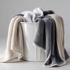 "Soft Neutral-Colored Towels in Shades of White, Beige, and Gray Casually Draped Over a White Laundry Basket, Representing Cleanliness, Comfort, Simplicity, and Everyday Home Living Essentials in a Mi