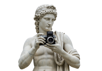 Marble statue of Apollo holding a camera isolated on transparent background, ancient art meets modern technology