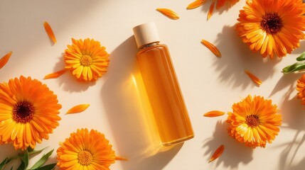 Calendula Extract Toner Bottle Surrounded By Flowers