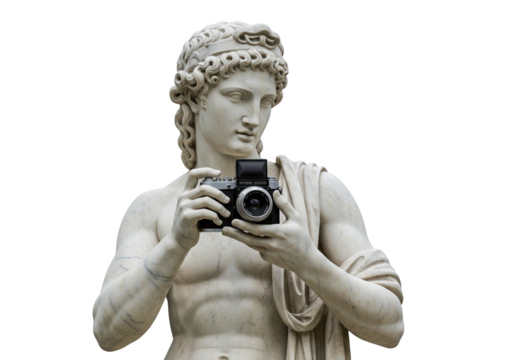 Marble statue of Apollo holding a camera isolated on transparent background, ancient art meets modern technology