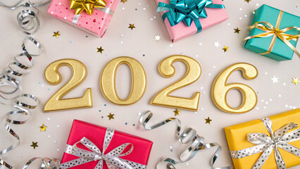 Celebration of New Year 2026 with colorful gifts and festive decorations surrounding golden numeral balloons