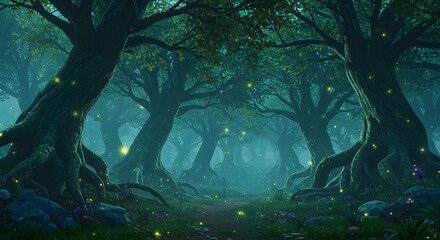 Obraz premium Magical Forest Scene with Fireflies at Night