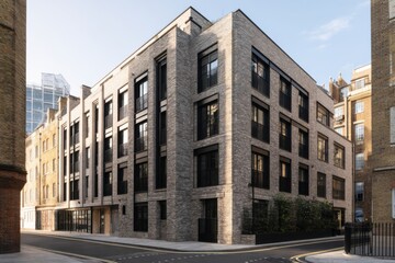 Obraz premium Modern grey brick building stands at the intersection of two streets in a bustling city area surrounded by urban architecture