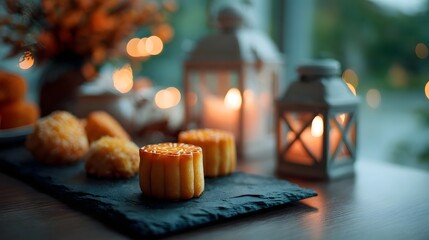 Festive mooncakes and glowing lanterns on dark slate creating a warm and cozy atmosphere