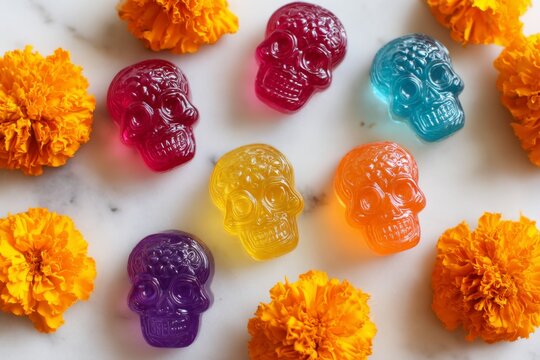 Colorful translucent skull shaped candies are arranged with bright orange marigold flowers on a white marble surface.