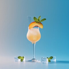 "Chilled Peach Cocktail Elegantly Served in a Tall Curved Glass with Ice Cubes, Garnished with a Fresh Peach Slice and Mint Leaves, Surrounded by Ice and Green Sprigs, Representing Refreshing Summer V