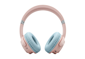 Pink and blue wireless headphones isolated on white, audio equipment for music listening