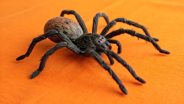 A creepy Halloween spider crawling on a bright orange background.sinister arachnid captures the