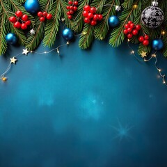 Festive holiday with vibrant decorations, including evergreen branches, red berries, and blue decorations, on a blue background, an empty text space