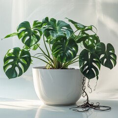 "Elegant Monstera Deliciosa Plant in a Modern White Ceramic Pot, Displaying Large Glossy Green Leaves with Natural Splits and Long Dangling Roots, Bathed in Gentle Sunlight to Highlight the Beauty of 