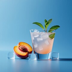 "Refreshing Peach Cocktail Served in a Clear Glass with Ice Cubes, Garnished with Fresh Mint Leaves, Accompanied by a Juicy Ripe Peach Half, Capturing the Essence of Summer Flavor, Coolness, and Vibra