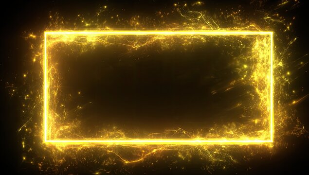 Glowing golden rectangle frame on a black background with dynamic energy effects