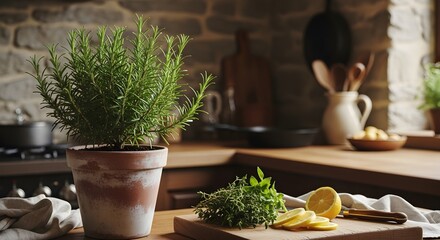 Elegant rustic kitchen scene featuring a potted rosemary herb and fresh lemons on a wooden counter with warm, natural sunlight
