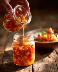 Filling Glass Jar with Tomato and Herb Mixture