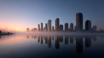 Cityscape reflecting in calm water at sunrise with a layer of fog.
