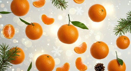 Obraz premium Christmas rain of bright oranges, fir branches, cones, and lacy snowflakes on a delicate light winter background in a sparkling, magical bokeh