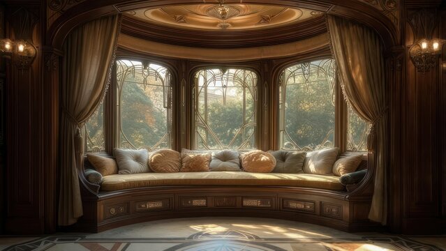 Ornate window seat with cushions, drapes, and a view, bathed in natural light