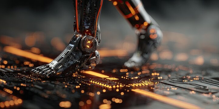 Close-up of robotic leg walking on a circuit board, lit with orange accents