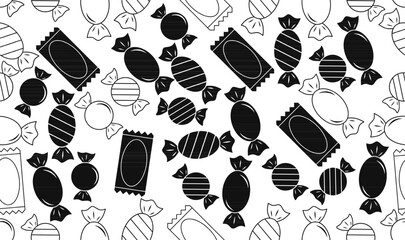 Seamless candy pattern vector. Black and white sweets, lollipops, and wrapped candies outline and silhouette. Perfect for packaging, textile, wallpaper, and microstock design.