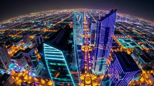 Drone hyperlapse aerial shot of King Abdullah Financial District at night in Riyadh.